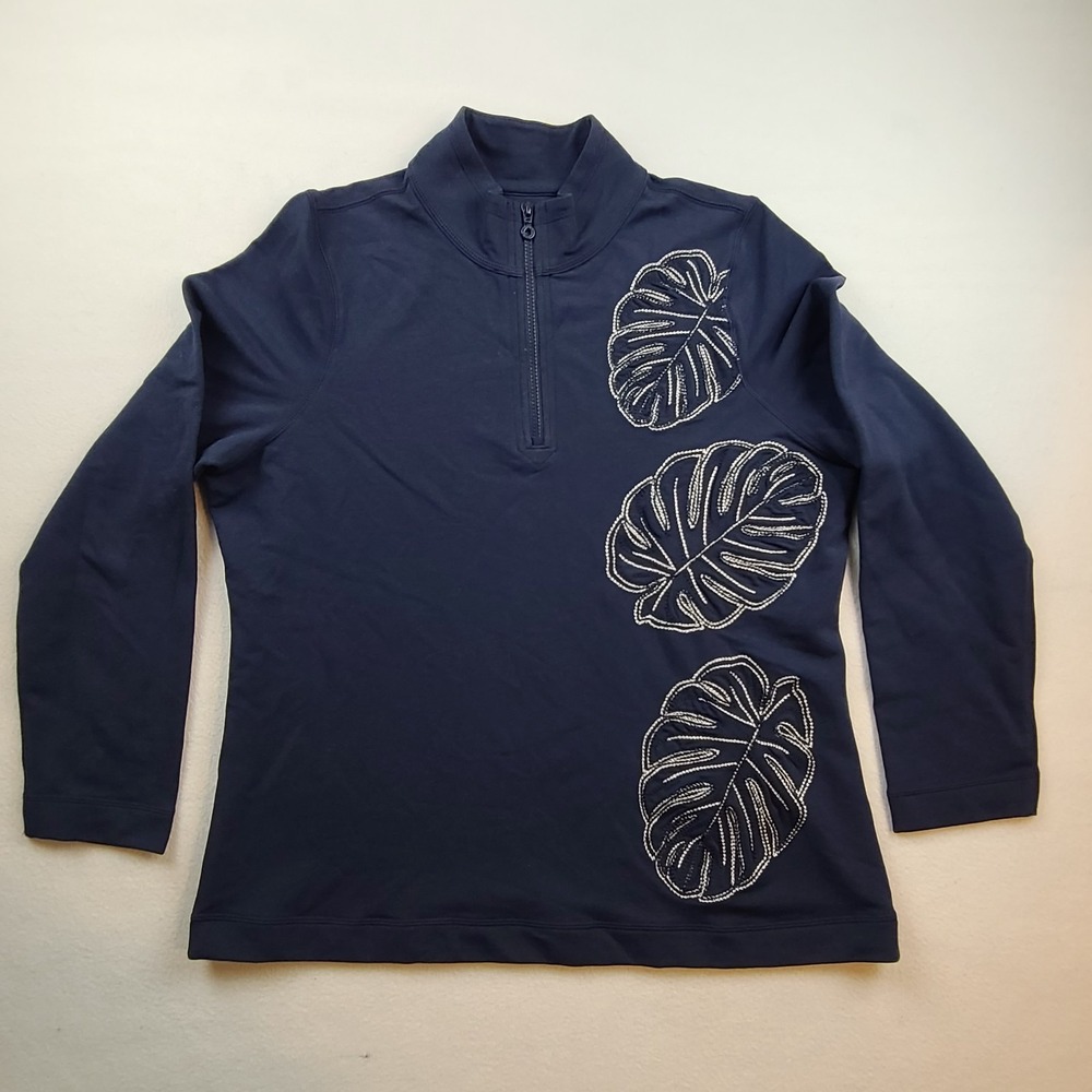 Tommy Bahama XL Navy 1/4 Zip Pullover Monstera Leaf Embroidered TW218001